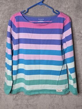 Talbots Multicolor Striped Long Sleeve Cotton Top Women's Medium Pink Blue Green